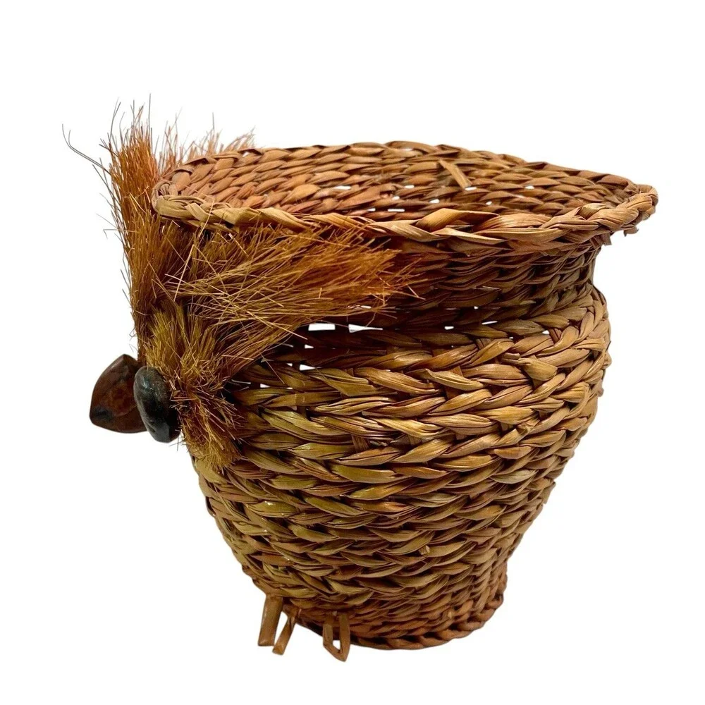 Vintage Wicker Rattan OWL  Basket Planter 6